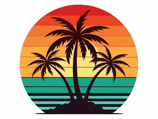 Tropical sunset with palm trees vector illustration, Retro and vintage summer vibes t-shirt design