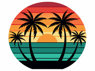 Tropical sunset with palm trees vector illustration, Retro and vintage summer vibes t-shirt design