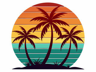 Tropical sunset with palm trees vector illustration, Retro and vintage summer vibes t-shirt design