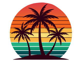 Tropical sunset with palm trees vector illustration, Retro and vintage summer vibes t-shirt design