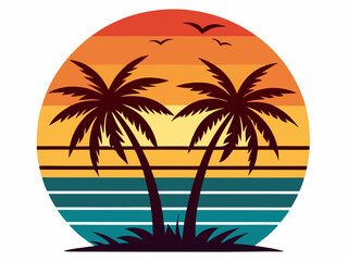 Tropical sunset with palm trees vector illustration, Retro and vintage summer vibes t-shirt design