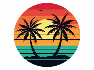 Tropical sunset with palm trees vector illustration, Retro and vintage summer vibes t-shirt design