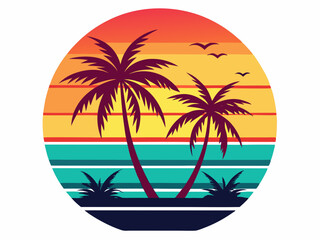 Tropical sunset with palm trees vector illustration, Retro and vintage summer vibes t-shirt design