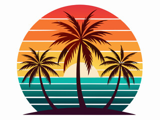 Tropical sunset with palm trees vector illustration, Retro and vintage summer vibes t-shirt design