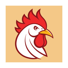 Cartoon illustration of a rooster head with red comb and wattle on a beige background