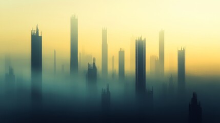 Fototapeta premium City skyline with tall buildings obscured by fog or mist at sunrise.