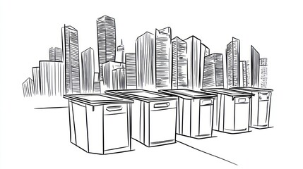 Obraz premium Cityscape sketch with trash bins. Background use