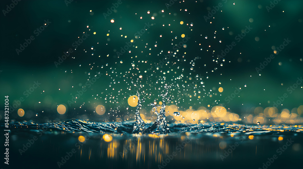 Poster water droplets splashing into a dark teal pool, illuminated by warm bokeh lights, creating a magical