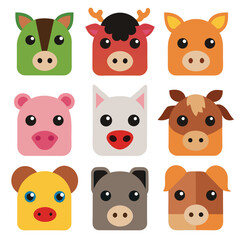 Nine whimsical, cartoon animal faces are neatly arranged against a crisp white backdrop here
