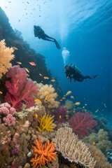 Obraz premium Divers exploring tropical reef with corals and blue background