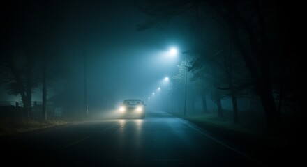 Car Driving on Foggy Night Road