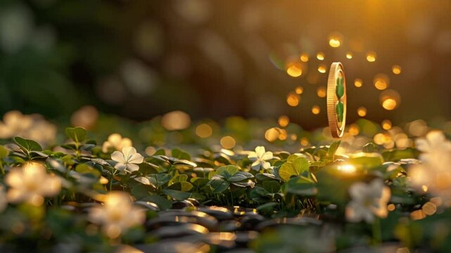 Shiny gold coins with clovers for St. Patrick's Day