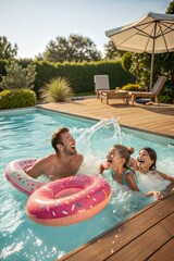 A happy family enjoying a swimming pool, with inflatable donuts for extra fun.
