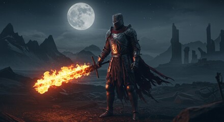 Flaming Sword Knight in Dark Fantasy Landscape