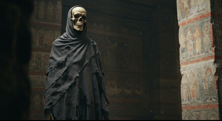 Fototapeta premium Hooded Skeleton Figure in Ancient Building Interior