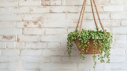 String of Pearls Succulent in Terracotta Hanging Planter Against White Brick Wall