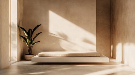 Minimalist space with plant and daybed in soft lighting