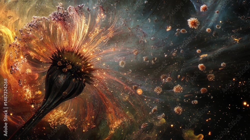 Poster abstract digital artwork showing a dark shape surrounded by colorful energy and particles.