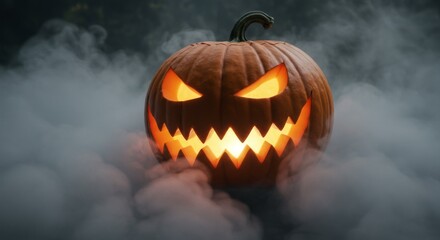 Glowing Carved Pumpkin in Foggy Halloween Setting