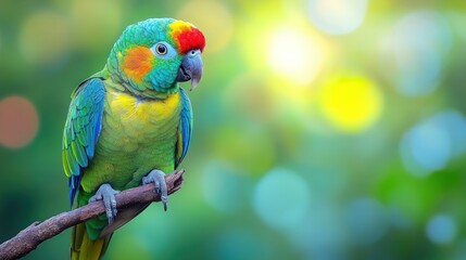 Naklejka premium Vibrant parrot perched on branch, surrounded by bokeh