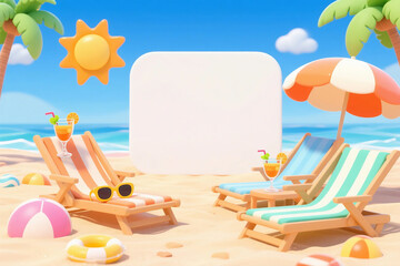 Obraz premium 3D Cartoon Summer Beach Scene with Sun Loungers and Cocktail Drinks