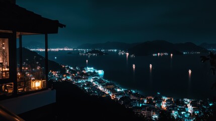 Night view capturing a coastal city and open ocean at night