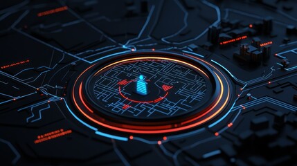 A futuristic graphic with circular lights and digital circuit patterns