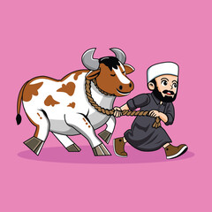 Naklejka premium Muslim Boy Leading Cow for Islamic Eid al-Adha Celebration with Pink Background
