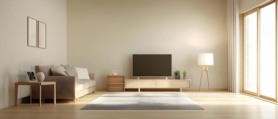 Light Beige Minimalist Living Room Interior With Wooden Furniture
