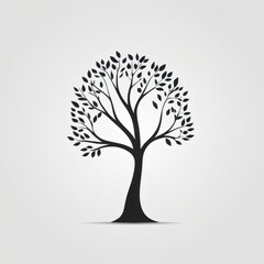 Minimalistic Black Tree Silhouette with Branches and Leaves on White Background