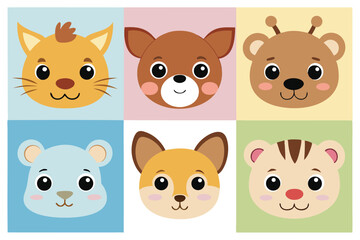 Fototapeta premium Six cute cartoon animal faces arranged in a grid showcase charming simplified features