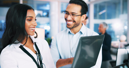 Smile, people and developer with laptop in office of programming, coding training and check server....