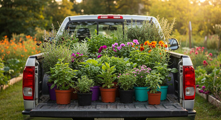 Truck carrying various potted plants.
