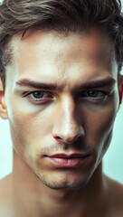 Obraz premium Close-Up Portrait of Male Model with Expressive Blue Eyes and Serious Expression in Studio Lighting