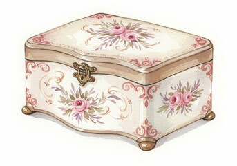 Watercolor illustration of a decorative jewelry box with rose floral pattern isolated on a white background