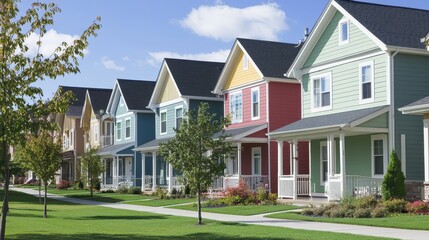 Colorful residential houses along a sunny street