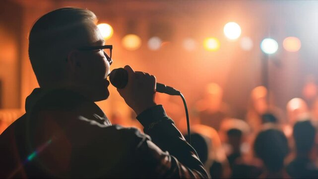 The evening's host, elegantly holding a microphone, engages a captivated audience alongside a soloist in a stunning concert hall, setting the stage for a memorable performance.
