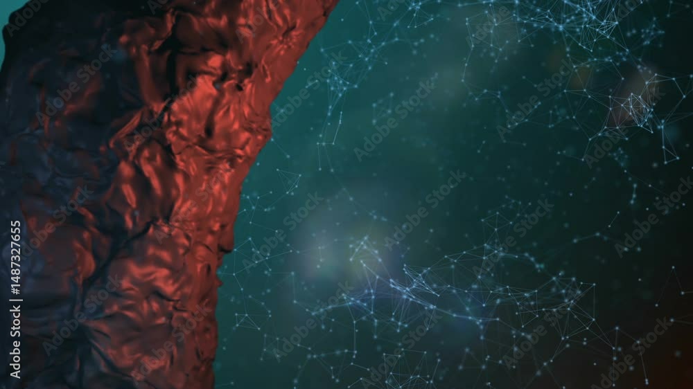 Poster digital abstract art featuring red texture and connected points on blue-green background