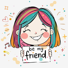 Smiling child with colorful hair holds a "be my friend" sign.
