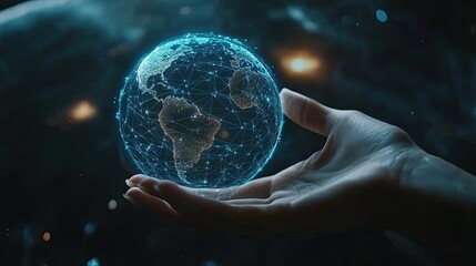 Connected earth globe hovering over a human hand, symbolizing technology and innovation