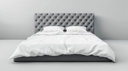 Modern bed with grey headboard and white sheet