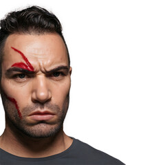 Fototapeta premium Intense Expression of an Injured Man with Facial Scar – Cinematic Close-Up in Dramatic Lighting with Tension and Strength