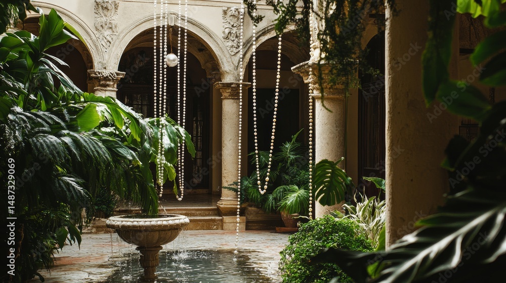 Poster courtyard with arches fountain columns and plants creating a peaceful architectural space.