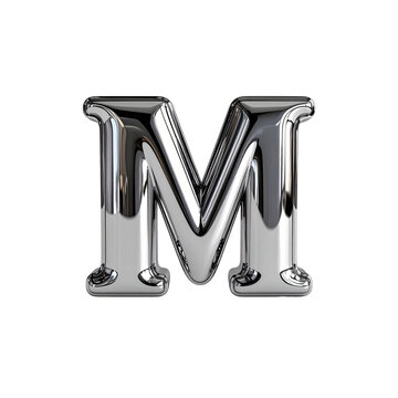 Shiny chrome letter m alphabet 3d render illustration design graphic art on transparent background