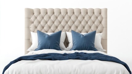 Modern beige tufted headboard with two blue pillows on white bedding