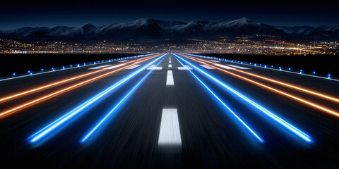 Obraz premium Runway to Tomorrow: An eye-level shot captures the illuminated runway at night, featuring a dynamic blend of neon lights guiding the way toward a distant cityscape skyline.