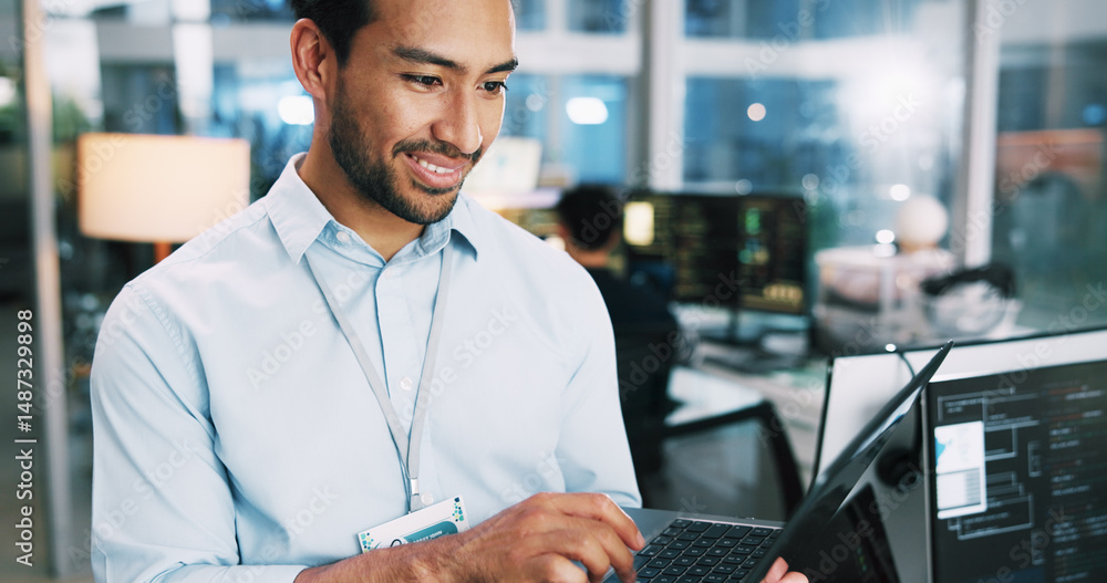 Poster Business, coding and man in office, laptop and software update with digital app testing. Person, employee and professional in workplace, computer and programmer with AI expert, research and info tech