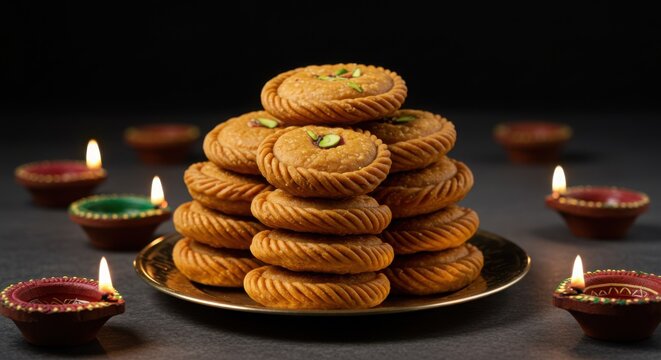 Stack of chandrakala sweets with diyas for festive celebrations, use cases: cultural events, food photography, religious festivals