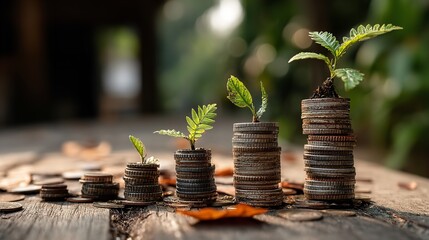 Financial Growth Concept with Stacked Coins and Growing Plants