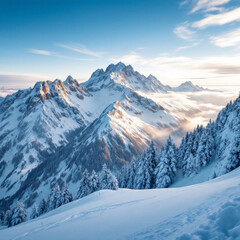 Snowy Mountain Peaks and Evergreen Trees on a Sunny Winter Day